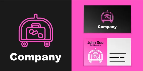 Pink line Hotel luggage cart with suitcase icon isolated on black background. Traveling baggage sign. Travel luggage icon. Logo design template element. Vector — Stock Vector