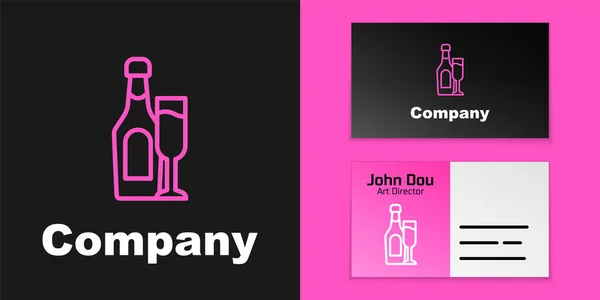 Pink line Champagne bottle with glass icon isolated on black background. Logo design template element. Vector — Stock Vector
