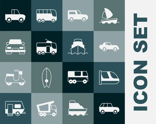 Set auto, trein en trein, trolleybus, pick-up truck en cruiseschip pictogram. Vector — Stockvector