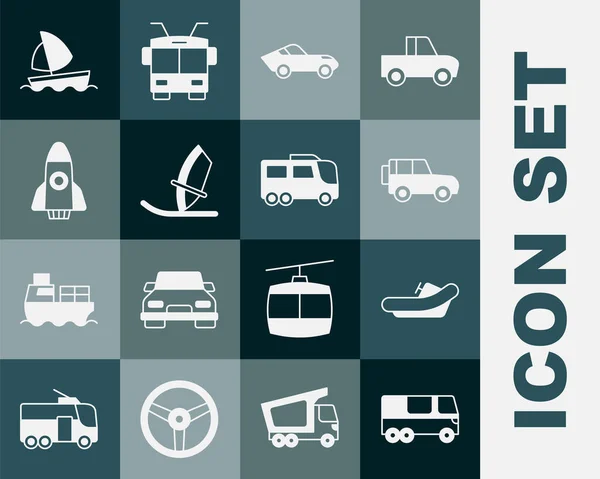 Set Bus, Rafting boot, Off road auto, Auto, Windsurfen, Raketschip, Jachtzeilboot en icoon. Vector — Stockvector