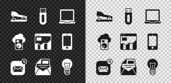 Set Stapler, USB-Stick, Laptop, Umschlag, Post und E-Mail, Glühbirne, Cloud-Datenbank und Diagramm-Infografik-Symbol. Vektor — Stockvektor