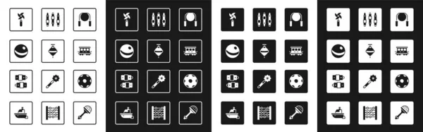 Set Cuerda de salto, Whirligig juguete, pelota de playa, volante, vagones de tren de pasajeros, rotulador, fútbol y batería icono. Vector — Vector de stock