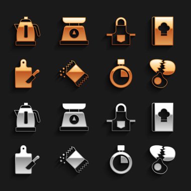 Bir paket biber, yemek kitabı, kırık yumurta, Kronometre, kesme tahtası ve bıçak mutfak önlüğü, elektrikli su ısıtıcısı ve ölçek ikonu. Vektör