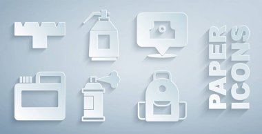 Boya spreyi kutusu, sprey başlık, boya, gouache, kavanoz, boya, okul çantası, silah ve kalem ekleme simgesi. Vektör