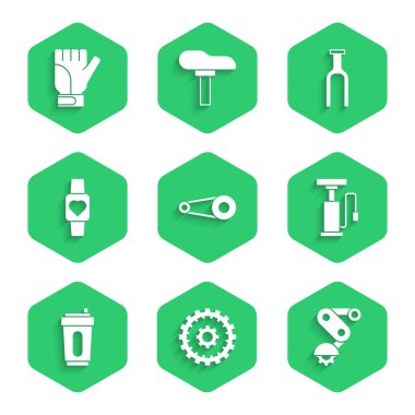 Bisiklet zincirini teçhizat, kaset, Derailleur bisiklet arka, hava pompası, spor şişe suyu, akıllı saat, çatal ve eldiven ikonu ile ayarla. Vektör