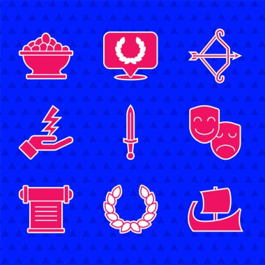 Ortaçağ kılıcı, Laurel çelengi, Yunan triremi, Komedi ve trajedi maskeleri, ferman, parşömen, parşömen, parşömen, Zeus, ok ve zeytin ikonuyla eğil. Vektör