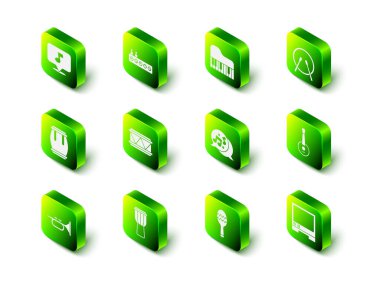 Ses karıştırıcı denetleyici, Grand piano, Drum bagetleri, Banjo, Voice assistant, Music note, tone, Maracas ve simge. Vektör