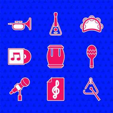 Drum, Treble clef, Triangle, Maracas, Microphone, Vinil disk, Tef ve Trompet ikonu ayarlayın. Vektör
