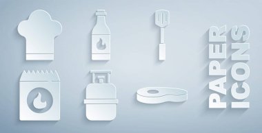 Propan gazı deposu, barbekü spatulası, kömür torbası, biftek eti, acı sos ve şef şapkası ikonu. Vektör