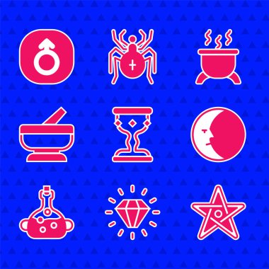 Ortaçağ Kadehi, Elmas, Pentagram, Ay, Zehir, Havan ve Tokmak, Cadı Kazanı ve Mars ikonu. Vektör