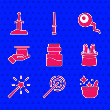 İksir şişesi, sihirli değnek, cadı kazanı, sihirli tavşan kulakları, elinde Göz ve Kılıç, taş ikonu. Vektör