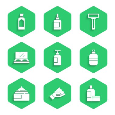 Krem ya da losyon kozmetik tüpü, parfüm aynalı makyaj tozu tıraş bıçağı ve saç spreyi ikonu için sprey kutusu. Vektör