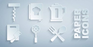 Spatula, elektrikli su ısıtıcısı, kesme tahtası ve et helikopteri çapraz çatal kaşığı, yemek kitabı ve şarap tirbuşonu ikonu. Vektör