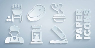 Barbekü kömür torbası, ev yapımı turta, aşçı, ketçap şişesi, biftek ve ızgara ikonu hazırla. Vektör