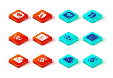 Diş bakımı, göz damlası şişesi, ilaç hapı ya da tablet, klinik kayıt, diş ağrısı ve kalp atış hızı ikonu. Vektör