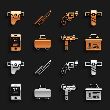 Silah çantası, bıçak kılıfı, askeri mühimmat kutusu, UZI hafif makineli tüfek, mobil silah uygulaması, küçük tabanca, silah ve süngü ikonu. Vektör
