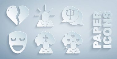 Set Man cenaze kederi, psikoloji, Psi, komedi tiyatro maskesi, kırık kalp boşanması, depresyon ve ikon. Vektör