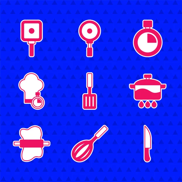 Set Barbecue spatula, Kitchen whek, Knife, Cooking pot, 반죽 위의 롤링 핀, 셰프 모자 , Stopwatch 및 Frying pan icon. Vector — 스톡 벡터