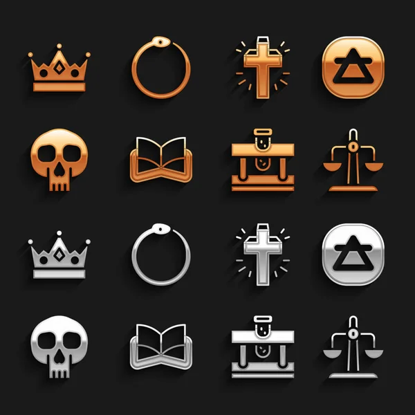 Sett antikkens magiske bok, Air element, Libra zodiac, Flaske med brygg, Skull, Christian Cross, King Crown og Ouroboros ikon. Vektor – stockvektor