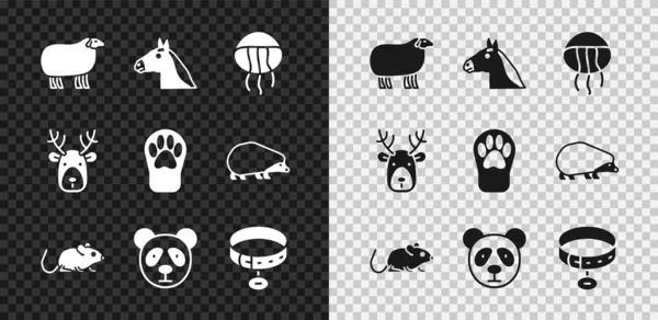 Set moutons, tête de cheval, méduses, rat, mignon visage de panda, collier avec étiquette de nom, bois de cerf et icône d'impression patte. Vecteur — Image vectorielle