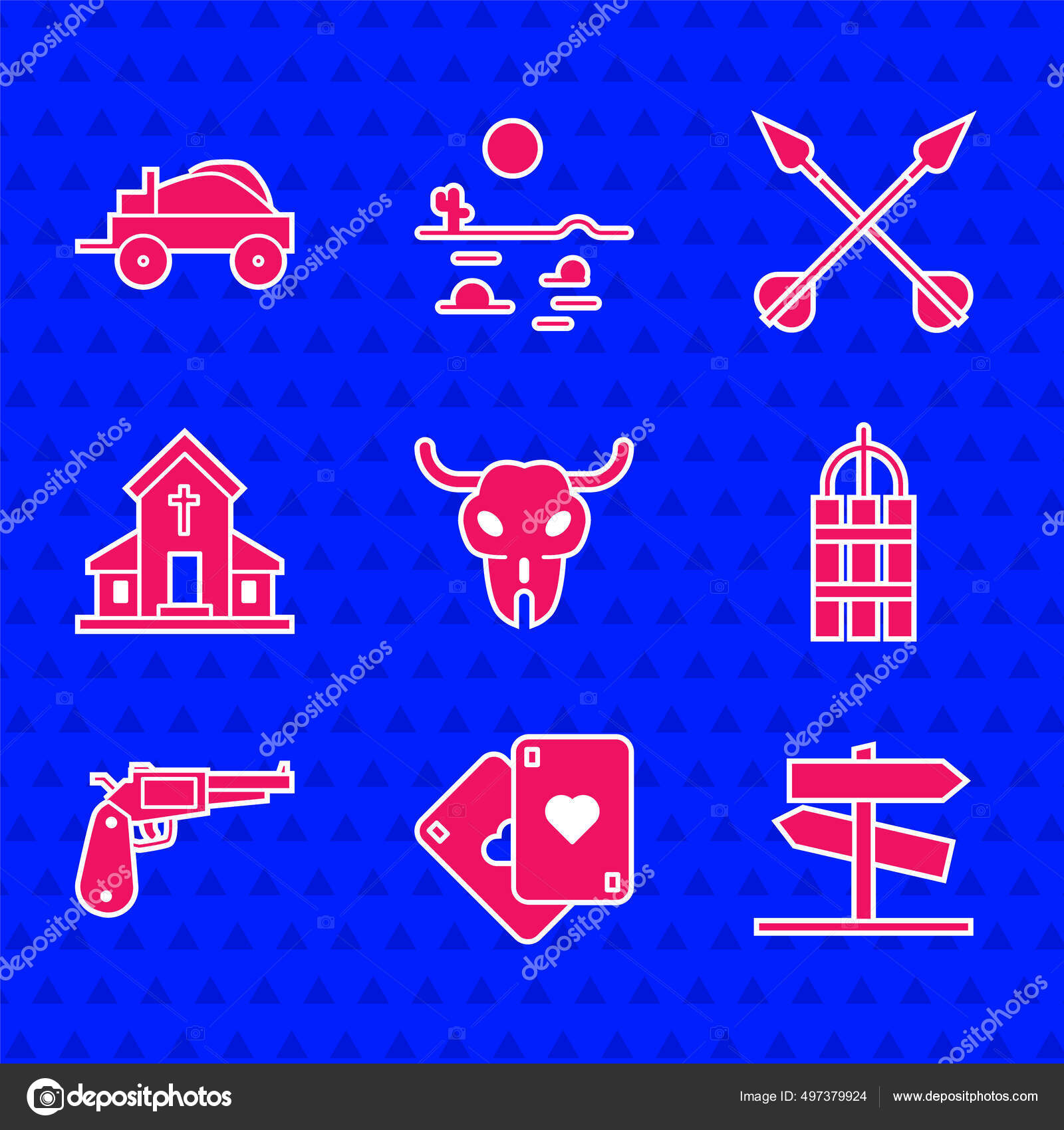 バッファロー頭蓋骨を設定します トランプ 道路交通標識 爆発ダイナマイト爆弾棒 リボルバー銃 教会の建物 交差矢印と野生の西屋根付きのワゴンのアイコン ベクトル ストックベクター C Vectorstockvadim