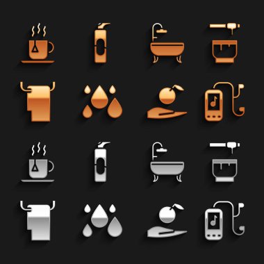 Su damlası, Bal Çubuğu ve Bowling, Müzik çalar, Elde Elma, Havlu askısı, Küvet, Çay poşetli çay ve saç spreyi ikonu için sprey kutusu. Vektör