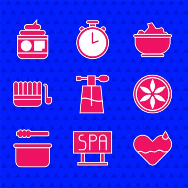 Parfüm, spa salonu tabelaları, kalp iyileştirme, yaprak bitkisi, sauna kovası ve kepçe, kâsede deniz tuzu ve krem ve losyon veya kozmetik tüp ikonu. Vektör