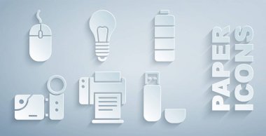 Yazıcı, pil şarj seviyesi göstergesi, sinema kamerası, USB flash sürücü, fikir ve bilgisayar fare simgesine sahip ampul ayarla. Vektör