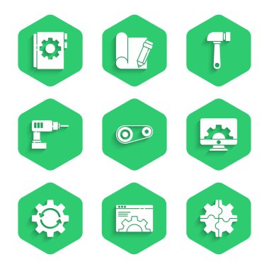 Zamanlama kemeri kiti, Tarayıcı ayarı, Gear, Bilgisayar monitörü ve donanımı, iş akışı olarak okları, elektrikli matkap makinesini, Çekiç ve Kullanıcı elle simgesini ayarla. Vektör