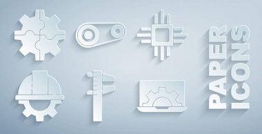 Calliper 'ı, kalibreleri ve ölçeği mikro devreli işlemciyi, işçi kaskını, dizüstü bilgisayarı, zaman ayarlı kemer setini ve dişli simgesini ayarla. Vektör