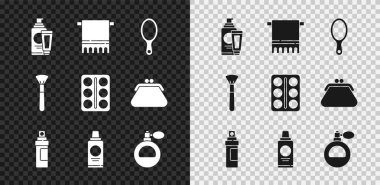 Krem veya losyon kozmetik tüpü, havlu askısı, el aynası, parfüm, şampuan şişesi, makyaj fırçası ve göz gölgesi paleti simgesi. Vektör