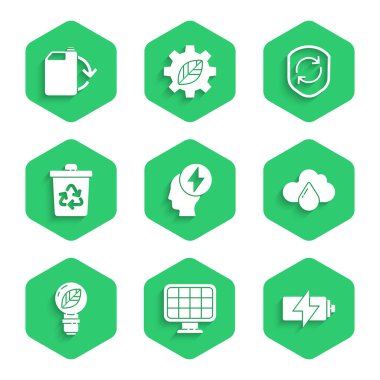 Baş ve elektrik sembolü, güneş enerjisi paneli, pili, yağmurlu bulut, ampul yaprağı, geri dönüşüm kutusu geri dönüşümü, iç kalkan ve Eko yakıt kutusu ikonu. Vektör