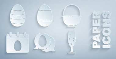 Paskalya yumurtası, Basket, Paskalya takvimi, şarap kadehi ve ikon ile konuşma baloncuğu hazırla. Vektör