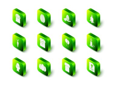 Paskalya yumurtası, insan eli ve Paskalya, zil, yanan mum şamdanı, Happy 'li tebrik kartı, balon kurdelesi, pasta ve yumurta ikonu. Vektör