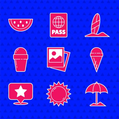 Foto, Sun, plaj için koruyucu şemsiye, waffle külahında dondurma, yıldız, sörf tahtası ve karpuz ikonlu harita işaretleyici. Vektör