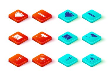 İzleme kulesi, göz taraması, dizüstü bilgisayar ve kilit, güvenlik kamerası, şifre koruması ve kalkanların simgesini ayarlayın. Vektör