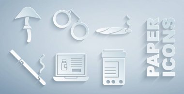 Bilgisayardan uyuşturucu alma, sigara, sigara, ilaç şişesi, hap, kelepçe ve Psilocybin mantar ikonlu sigara alma ayarlayın. Vektör