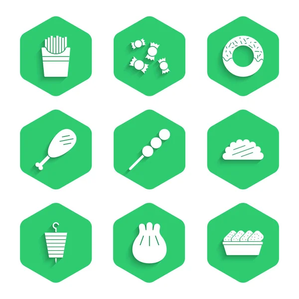 Set Albóndigas en palo de madera, Tabla de cortar Khinkali, Caja de pepitas de pollo, Taco con tortilla, Kebab shish a la parrilla, pierna, Donut and Potatoes French fries icon. Vector — Vector de stock