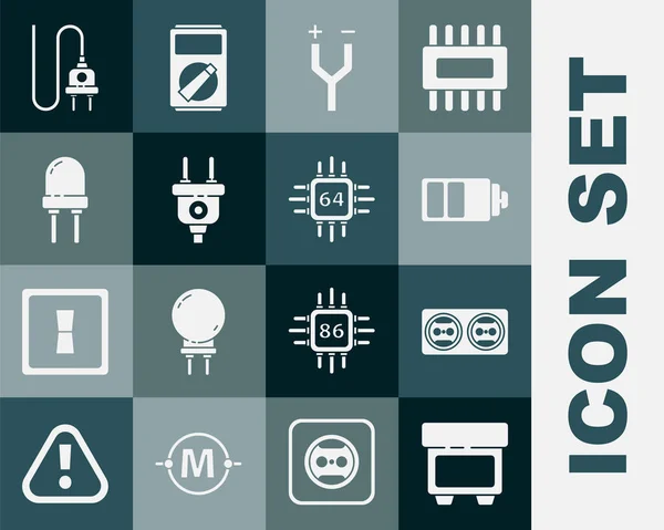 Set Sicherung, Steckdose, Batterieladestandsanzeige, Kabel, Stecker, Leuchtdiode und Prozessor mit Mikroschaltungen CPU-Symbol. Vektor — Stockvektor