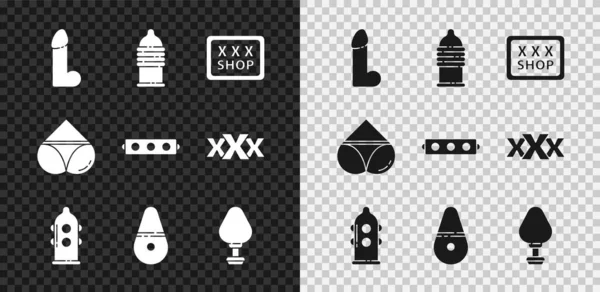 Set Dildo vibrator, Condom safe sex, Sex shop, Anal plug, Woman panties and Silicone ball gag with belt icon. Vector — стоковый вектор