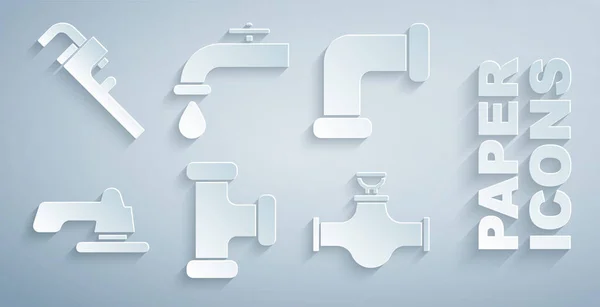 Endüstri metalik borusunu, su musluğunu, vanayı ve ayarlanabilir boru anahtarı simgesini ayarla. Vektör — Stok Vektör