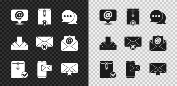 Mail en e-mail instellen op spraakzeepbel, envelop verwijderen, spraakchat, envelop vinkje, mobiel, met ster, inbox en pictogram downloaden. Vector — Stockvector