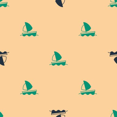 Yeşil ve siyah Yat yelkenlisi ya da yelkenli gemi ikonu bej arka planda izole edilmiş pürüzsüz desen. Yelkenli deniz seyahati. Vektör