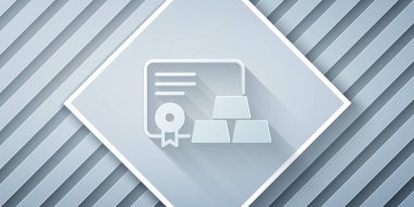 Kağıt kesiği, gri arkaplanda sertifika simgesi olan altın külçeler. Bankacılık işi konsepti. Kağıt sanatı tarzı. Vektör