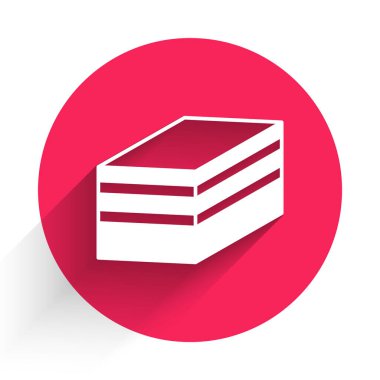 Beyaz kek ikonu uzun gölge arkaplanı ile izole edilmiş. Doğum günün kutlu olsun. Kırmızı daire düğmesi. Vektör