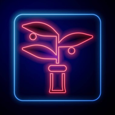 Parlayan neon bitkisi üreme ikonu siyah arka planda izole edildi. Test tüplerinde büyüyen bitkiler. Organik gıda, tarım ve hidrofonik. Vektör