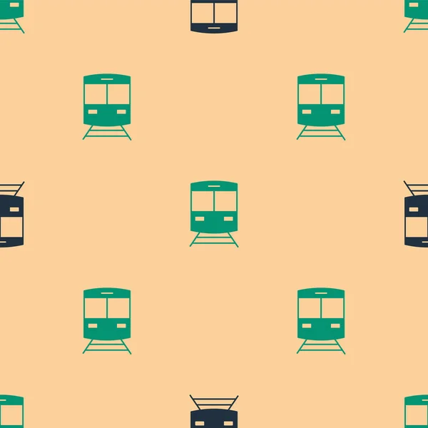 Зелений і чорний поїзд і залізничний ікон виділили безшовний візерунок на бежевому тлі. Символ громадського транспорту. Перевезення поїздів метро. Метро під землею. Вектор — стоковий вектор