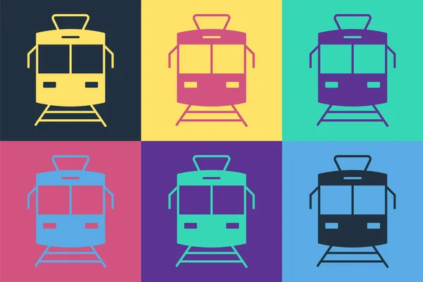 Pop sztuki Tramwaj i ikona kolejowa izolowane na tle koloru. Symbol transportu publicznego. Wektor — Wektor stockowy