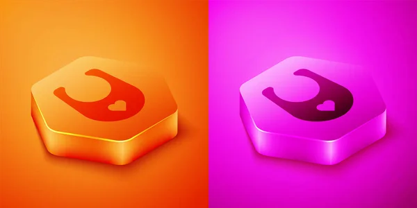Isometric Baby bib icon isolated on orange and pink background. Hexagon button. Vector — Stock Vector