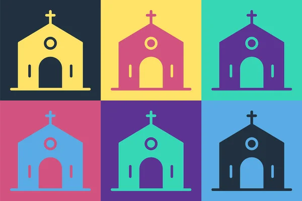 Pop Art Kirche Gebäude Ikone isoliert auf farbigem Hintergrund. Christliche Kirche. Religion der Kirche. Vektor — Stockvektor